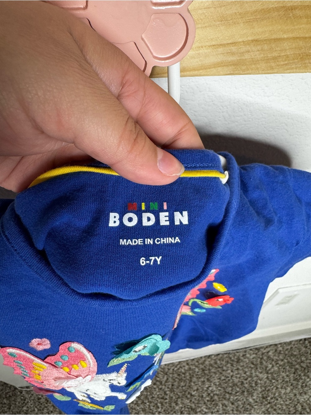 Mini Boden Navy Short Sleeve Tee with Embroidered Unicorns & Flowers - Picture 2 of 4